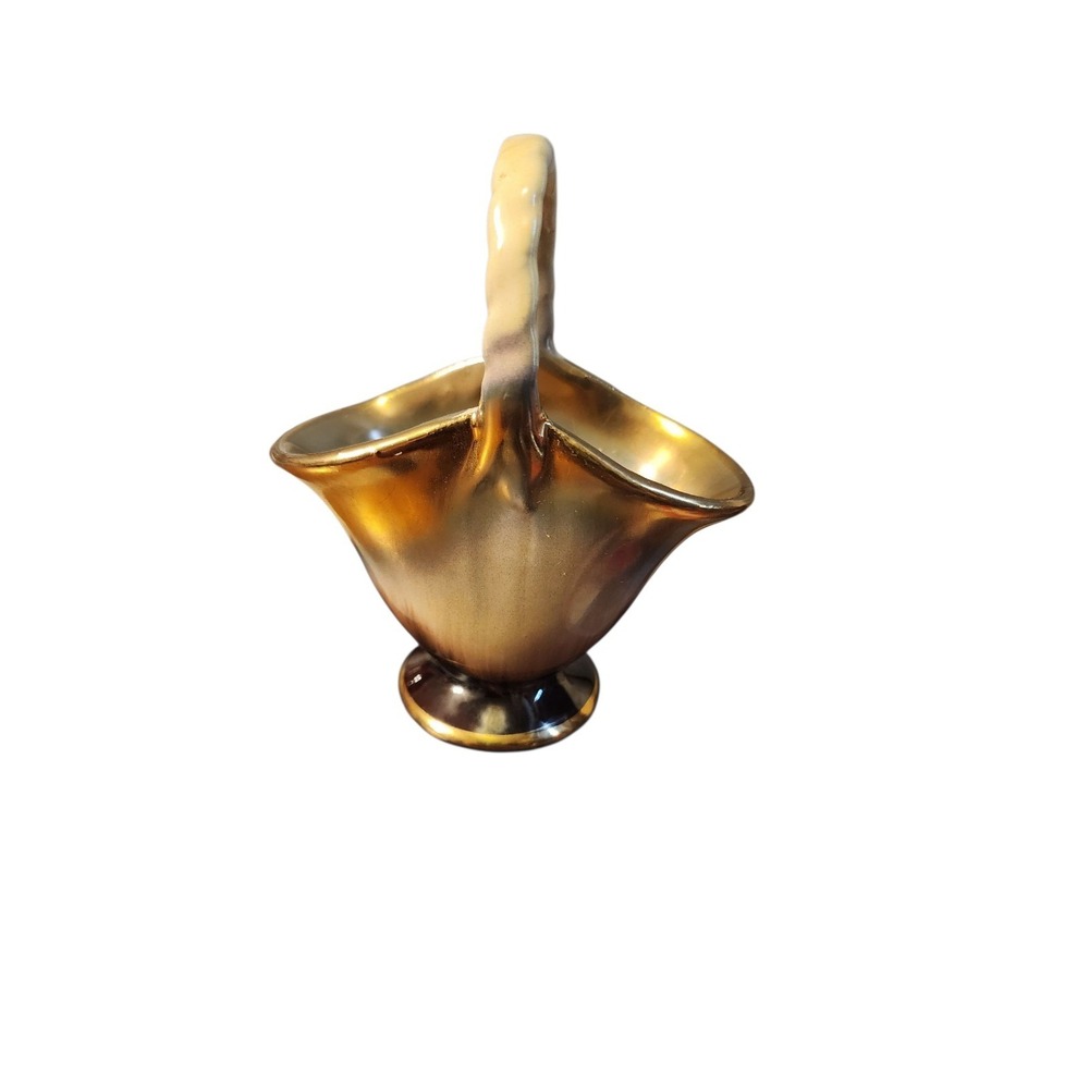 🎨‎ 5" Porcelain Pottery Gold Color Hand Painted Basket Made In Germany  🔥